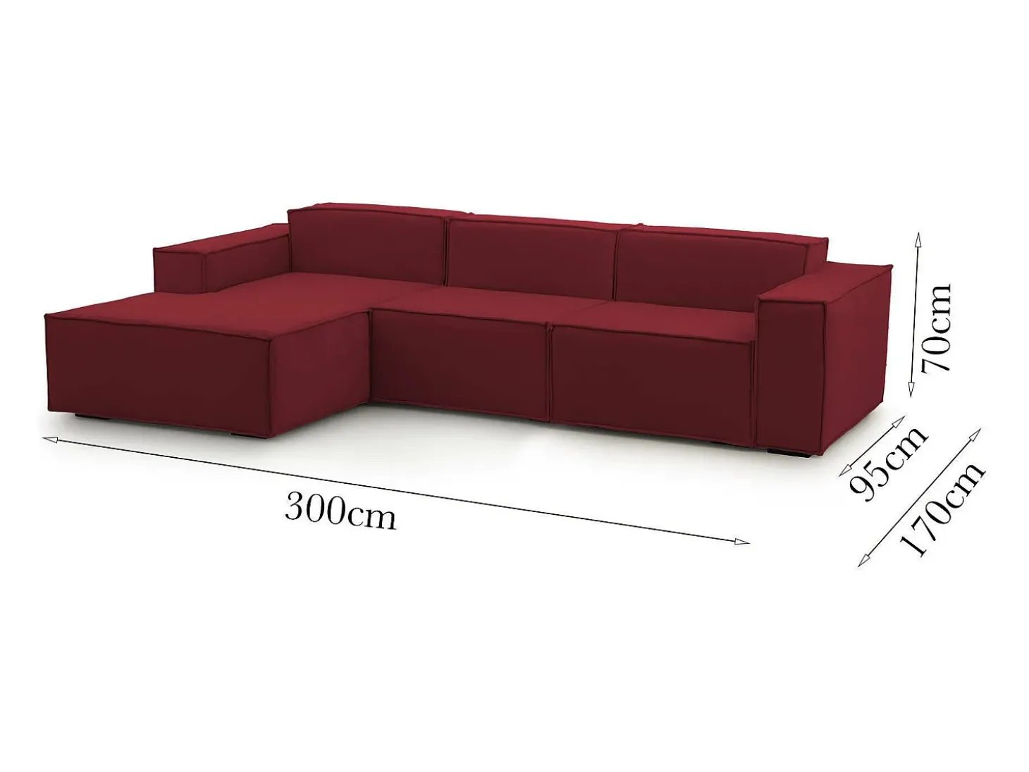 Sofá fixo Jessica, sofá modular de 3 lugares com península esquerda, 100% Fabricado na Itália, Sofá de tecido moderno, 300x170h70 cm, Vermelho