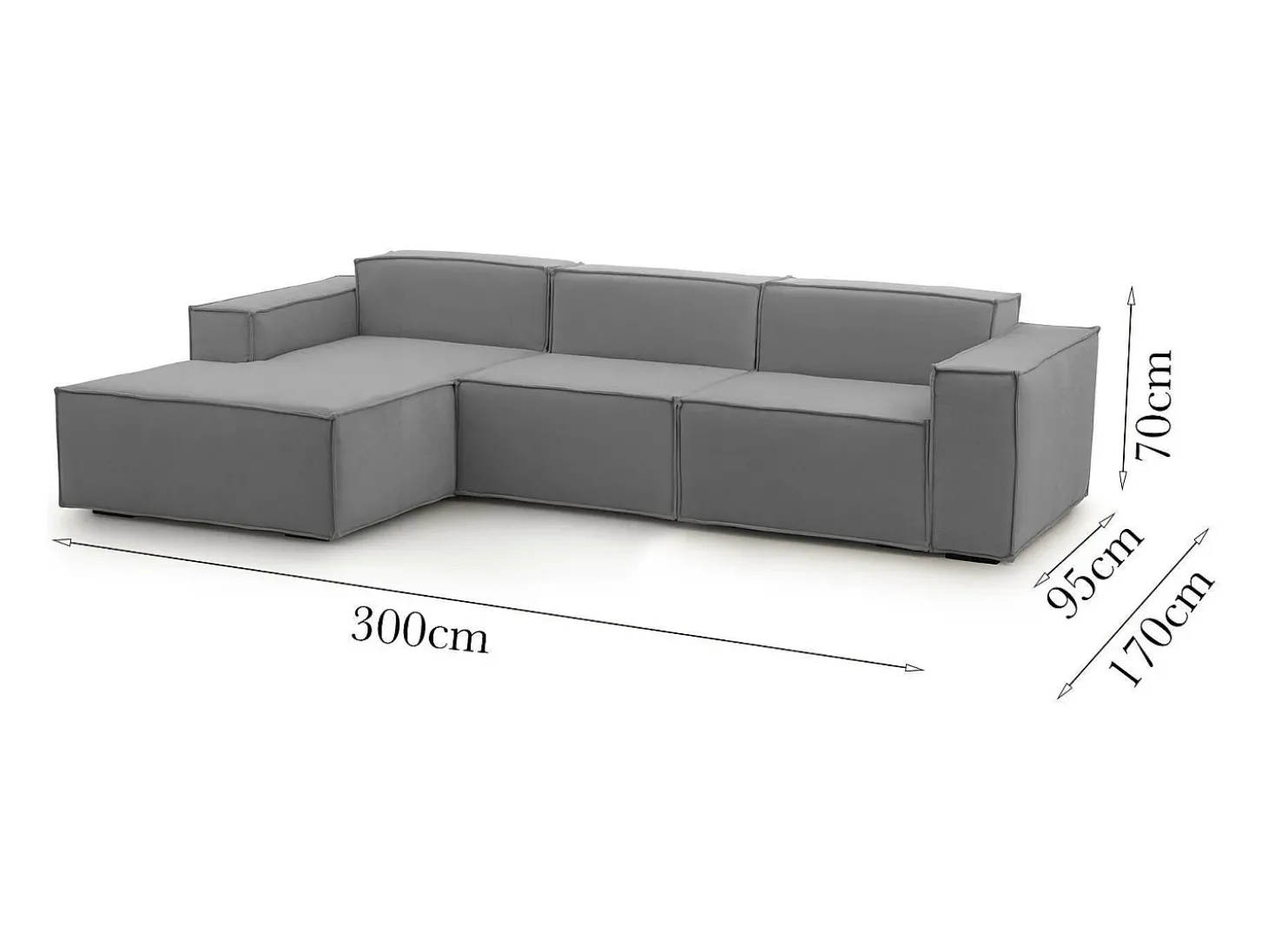 Sofá fixo Jessica, sofá modular de 3 lugares com península esquerda, 100% Fabricado na Itália, Sofá de tecido moderno, 300x170h70 cm, Cinza