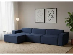 Sofá fixo Licia, sofá modular de 4 lugares com península esquerda, 100% Fabricado na Itália, Sofá de tecido moderno, 340x170h70 cm, Azul