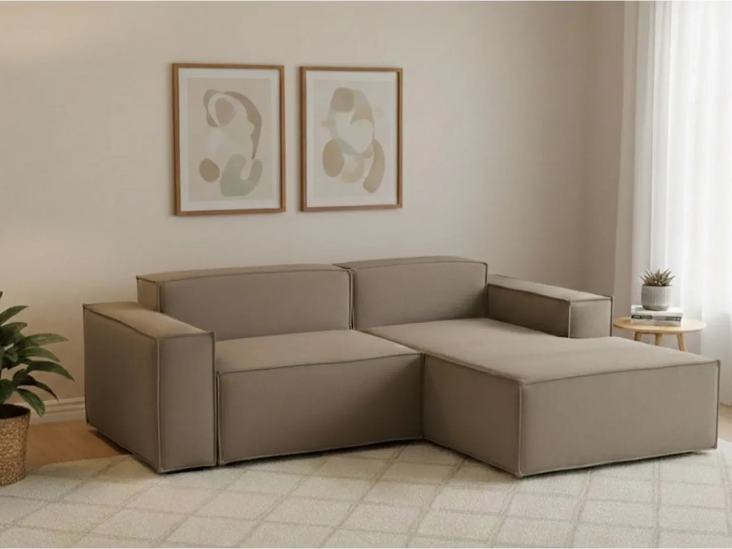 Sofá fixo Lidia, Sofá modular grande de 2 lugares com península direita, 100% Fabricado na Itália, Sofá de tecido moderno, 240x170h70 cm, Taupe