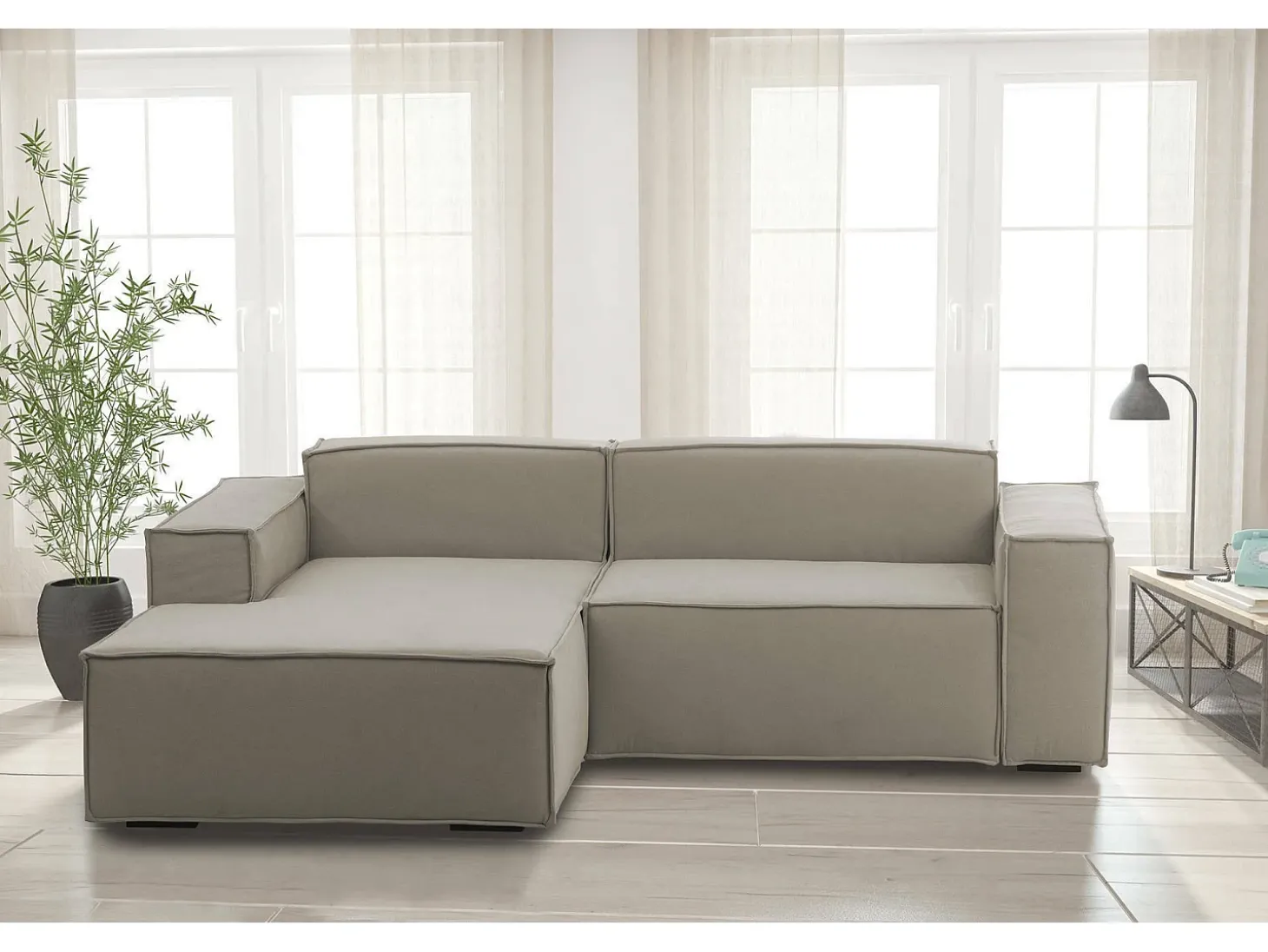 Sofá fixo Nadia, sofá modular de 2 lugares com península esquerda, 100% Fabricado na Itália, Sofá de tecido moderno, 220x170h70 cm, Taupe