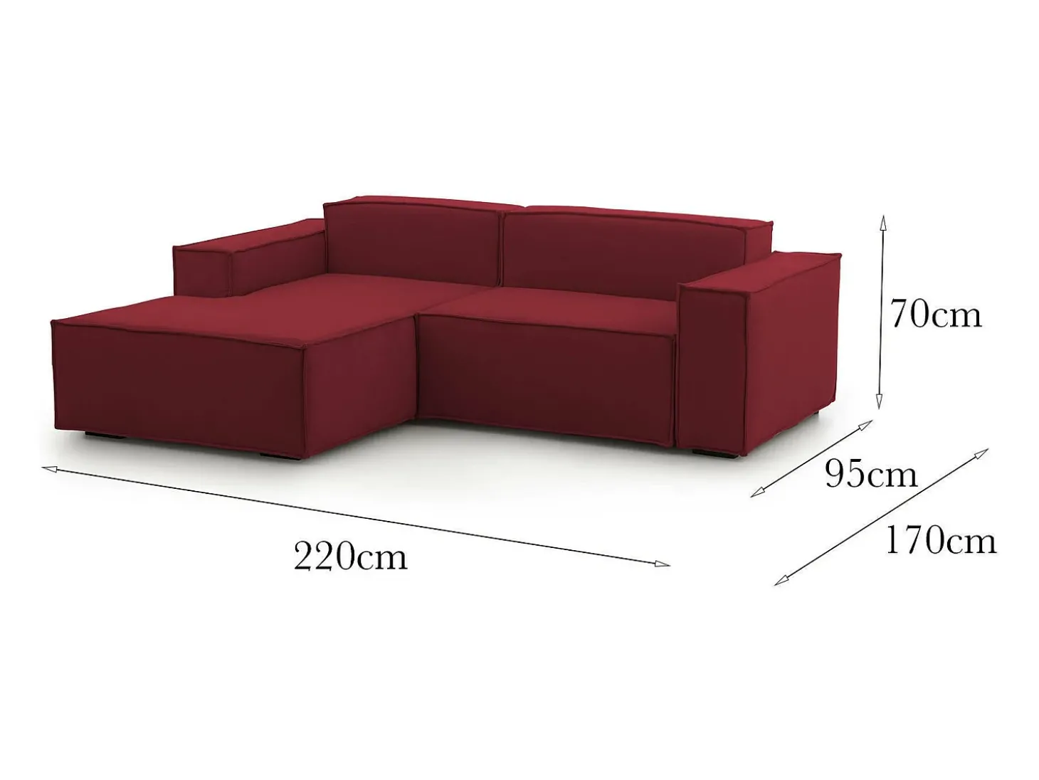 Sofá fixo Nadia, sofá modular de 2 lugares com península esquerda, 100% Fabricado na Itália, Sofá de tecido moderno, 220x170h70 cm, Vermelho
