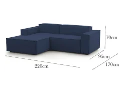 Sofá fixo Nadia, sofá modular de 2 lugares com península esquerda, 100% Fabricado na Itália, Sofá de tecido moderno, 220x170h70 cm, Azul