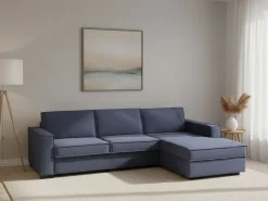 Sofá fixo Nami, Sofá de canto, 100% Fabricado na Itália, Sofá da sala com península container direita, com braços padrão, 280x95h90 cm, Azul