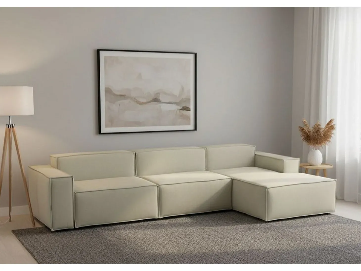 Sofá fixo Raffaella, sofá modular de 4 lugares com península direita, 100% Fabricado na Itália, Sofá de tecido moderno, 340x170h70 cm, Bege