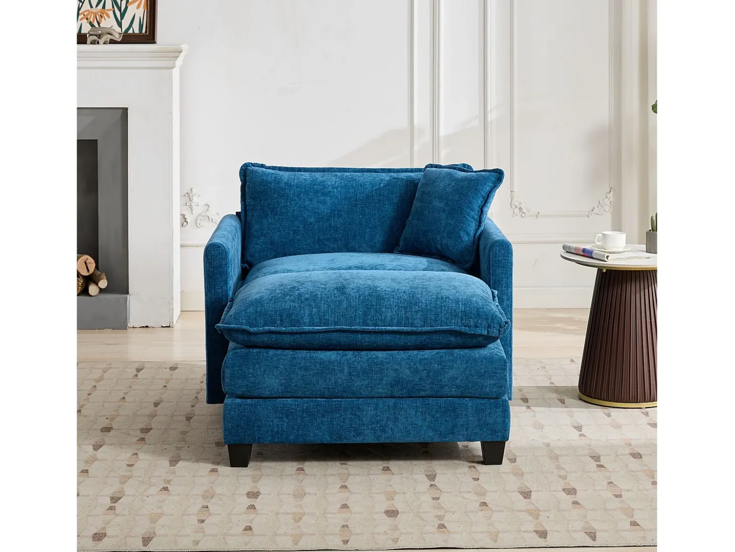 Sofá individual Cloud em tecido chenille azul - Ideal para sala de estar, quarto e apartamento