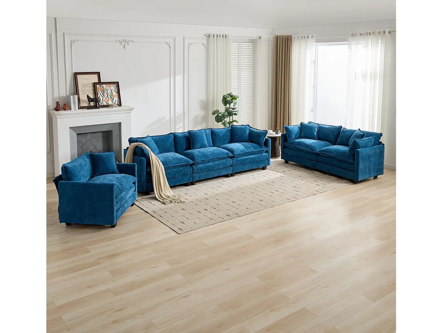 Sofá individual Cloud em tecido chenille azul - Ideal para sala de estar, quarto e apartamento