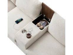 Sofá moderno - com console - 2 porta-copos - porta de carregamento USB - bolsos de armazenamento nos braços - com almofadas - bege