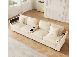 Sofá moderno 4 lugares - con apoio de braço central dobrável - con portas de carregamento USB/USB-C - Veludo canelado - bege