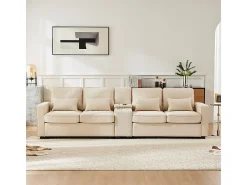 Sofá moderno 4 lugares em linho - com USB e porta-copos - 4 almofadas - 290x83x88cm - Bege