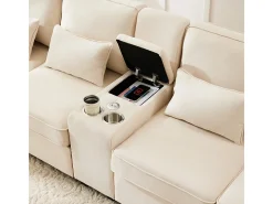 Sofá moderno 4 lugares em linho - com USB e porta-copos - 4 almofadas - 290x83x88cm - Bege