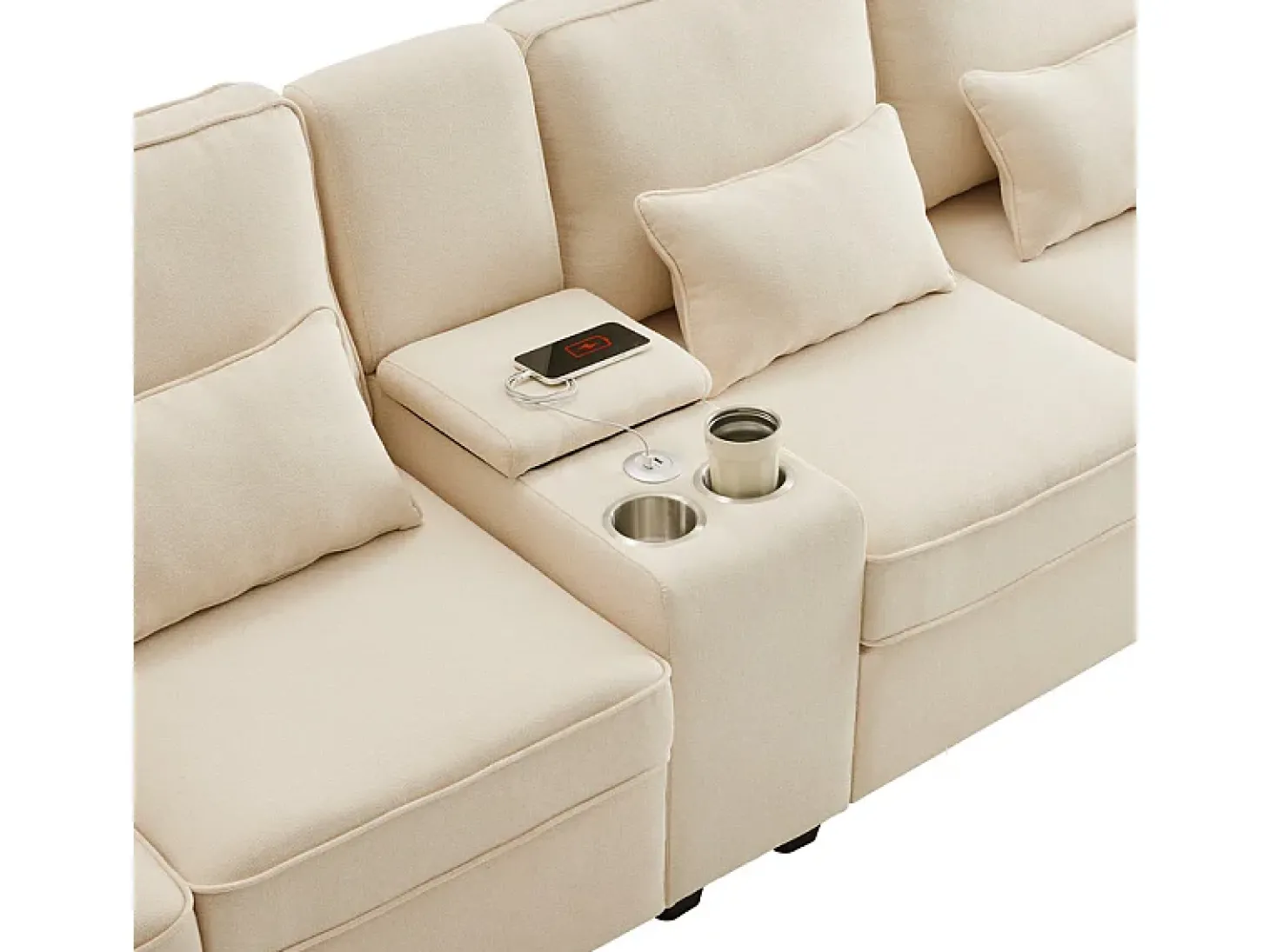 Sofá moderno 4 lugares em linho - com USB e porta-copos - 4 almofadas - 290x83x88cm - Bege