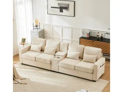 Sofá moderno 4 lugares em linho - com USB e porta-copos - 4 almofadas - 290x83x88cm - Bege