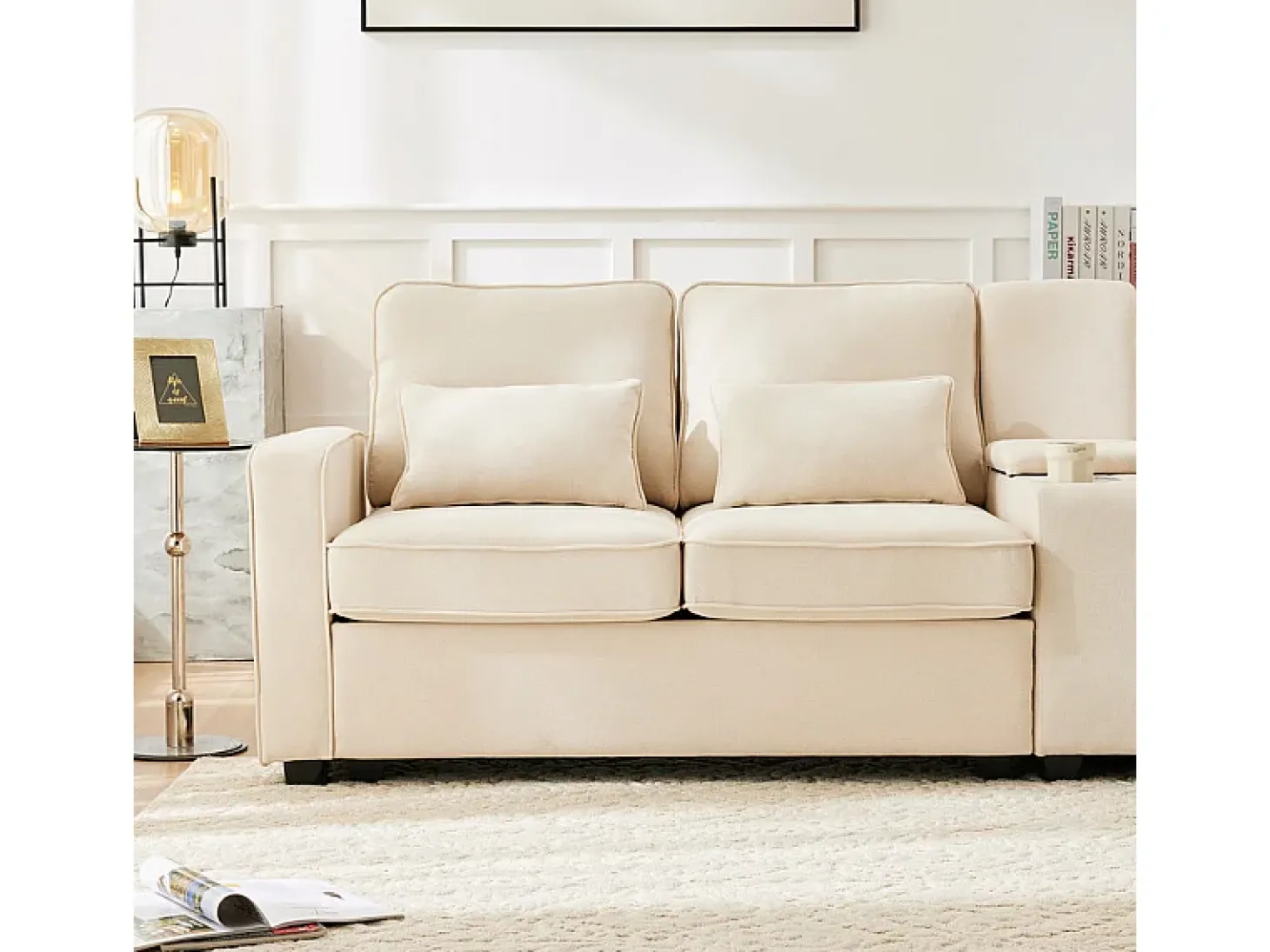 Sofá moderno 4 lugares em linho - com USB e porta-copos - 4 almofadas - 290x83x88cm - Bege