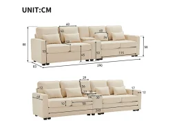Sofá moderno 4 lugares em linho - com USB e porta-copos - 4 almofadas - 290x83x88cm - Bege