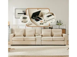 Sofá moderno 4 lugares em linho - com USB e porta-copos - 4 almofadas - 290x83x88cm - Bege