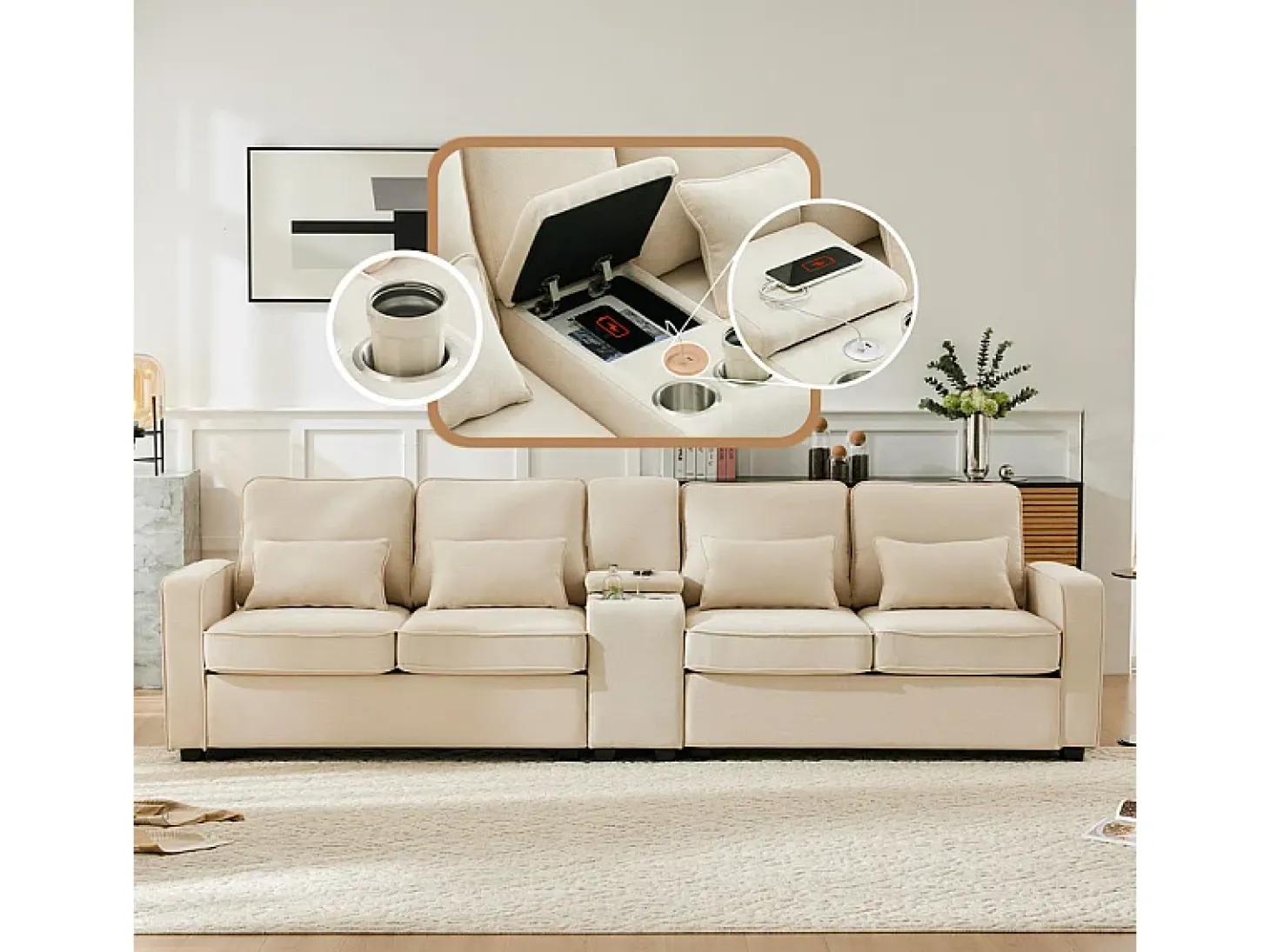 Sofá moderno 4 lugares em linho - com USB e porta-copos - 4 almofadas - 290x83x88cm - Bege