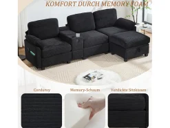 Sofá moderno de 3 lugares - 266 x 136 x 82 cm - com 2 porta-copos + porta USB-C + gaveta + pufe removível com espaço de armazenamento - veludo - preto