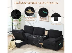 Sofá moderno de 3 lugares - 266 x 136 x 82 cm - com 2 porta-copos + porta USB-C + gaveta + pufe removível com espaço de armazenamento - veludo - preto