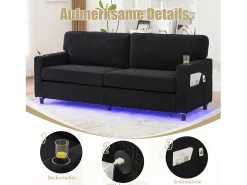 Sofá moderno de 2 lugares - 203 x 77,5 x 85 cm - com USB-C + LEDs + porta-copos e bolsos laterais - veludo - preto