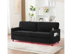 Sofá moderno de 2 lugares - 203 x 77,5 x 85 cm - com USB-C + LEDs + porta-copos e bolsos laterais - veludo - preto