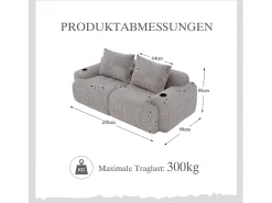 Sofá moderno de 2 lugares - 200 x 99 x 80 cm - com porta-copos + bolso de arrumação - veludo - cinza claro