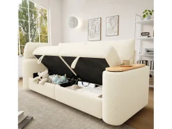 Sofá moderno de 2 lugares - 207,5 x 80 x 87 cm - com arrumação + apoio de cabeça + mesa lateral integrada - veludo - bege