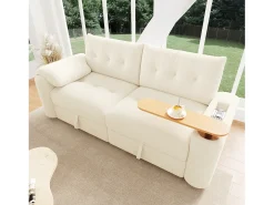 Sofá moderno de 2 lugares - 207,5 x 80 x 87 cm - com arrumação + apoio de cabeça + mesa lateral integrada - veludo - bege