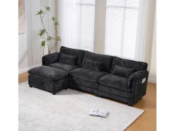 Sofá moderno de 3 lugares - 279 x 83 x 85 cm - com porta USB, bolso lateral e apoio para os pés com espaço de armazenamento - veludo - preto
