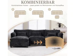 Sofá moderno de 3 lugares - 279 x 83 x 85 cm - com porta USB, bolso lateral e apoio para os pés com espaço de armazenamento - veludo - preto