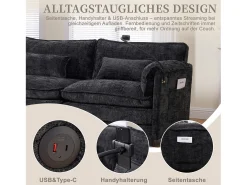 Sofá moderno de 3 lugares - 279 x 83 x 85 cm - com porta USB, bolso lateral e apoio para os pés com espaço de armazenamento - veludo - preto