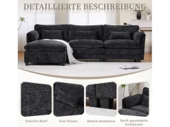 Sofá moderno de 3 lugares - 279 x 83 x 85 cm - com porta USB, bolso lateral e apoio para os pés com espaço de armazenamento - veludo - preto