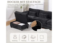 Sofá moderno de 3 lugares - 279 x 83 x 85 cm - com porta USB, bolso lateral e apoio para os pés com espaço de armazenamento - veludo - preto