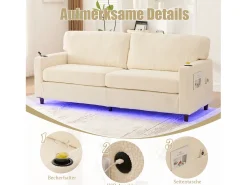 Sofá moderno de 2 lugares - 203 x 77,5 x 85 cm - com USB-C + LEDs + porta-copos e bolsos laterais - veludo - bege