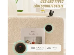 Sofá moderno de 2 lugares - 203 x 77,5 x 85 cm - com USB-C + LEDs + porta-copos e bolsos laterais - veludo - bege