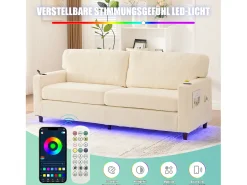 Sofá moderno de 2 lugares - 203 x 77,5 x 85 cm - com USB-C + LEDs + porta-copos e bolsos laterais - veludo - bege