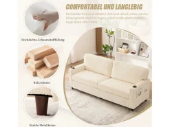 Sofá moderno de 2 lugares - 203 x 77,5 x 85 cm - com USB-C + LEDs + porta-copos e bolsos laterais - veludo - bege