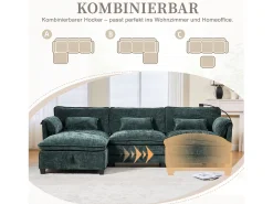 Sofá moderno de 3 lugares - 279 x 83 x 85 cm - com porta USB, bolso lateral e apoio para os pés com espaço de armazenamento - veludo - verde