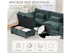 Sofá moderno de 3 lugares - 279 x 83 x 85 cm - com porta USB, bolso lateral e apoio para os pés com espaço de armazenamento - veludo - verde