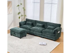 Sofá moderno de 3 lugares - 279 x 83 x 85 cm - com porta USB, bolso lateral e apoio para os pés com espaço de armazenamento - veludo - verde