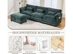Sofá moderno de 3 lugares - 279 x 83 x 85 cm - com porta USB, bolso lateral e apoio para os pés com espaço de armazenamento - veludo - verde