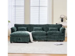 Sofá moderno de 3 lugares - 279 x 83 x 85 cm - com porta USB, bolso lateral e apoio para os pés com espaço de armazenamento - veludo - verde