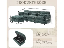 Sofá moderno de 3 lugares - 279 x 83 x 85 cm - com porta USB, bolso lateral e apoio para os pés com espaço de armazenamento - veludo - verde
