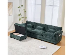 Sofá moderno de 3 lugares - 279 x 83 x 85 cm - com porta USB, bolso lateral e apoio para os pés com espaço de armazenamento - veludo - verde