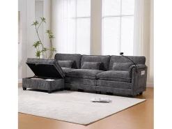 Sofá moderno de 3 lugares - 279 x 83 x 85 cm - com porta USB + bolso lateral + apoio para os pés com espaço de armazenamento - veludo - cinza