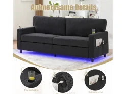 Sofá moderno de 2 lugares - 203 x 77,5 x 85 cm - com USB-C + LEDs + porta-copos e bolsos laterais - veludo - cinza escuro