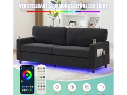 Sofá moderno de 2 lugares - 203 x 77,5 x 85 cm - com USB-C + LEDs + porta-copos e bolsos laterais - veludo - cinza escuro