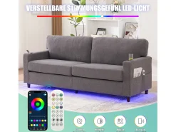 Sofá moderno de 2 lugares - 203 x 77,5 x 85 cm - com USB-C + LEDs + porta-copos e bolsos laterais - veludo - cinza claro