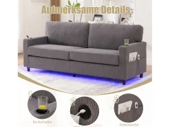 Sofá moderno de 2 lugares - 203 x 77,5 x 85 cm - com USB-C + LEDs + porta-copos e bolsos laterais - veludo - cinza claro