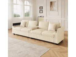 Sofá moderno de 4 lugares - 299 x 80 x 82,7 cm - com porta USB, apoio de braço dobrável e espaço de armazenamento oculto - veludo - bege